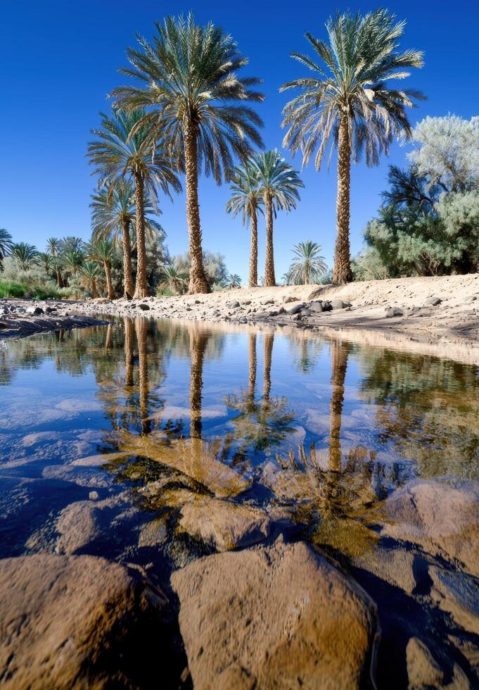 Palm trees reflected in a desert oasis photo