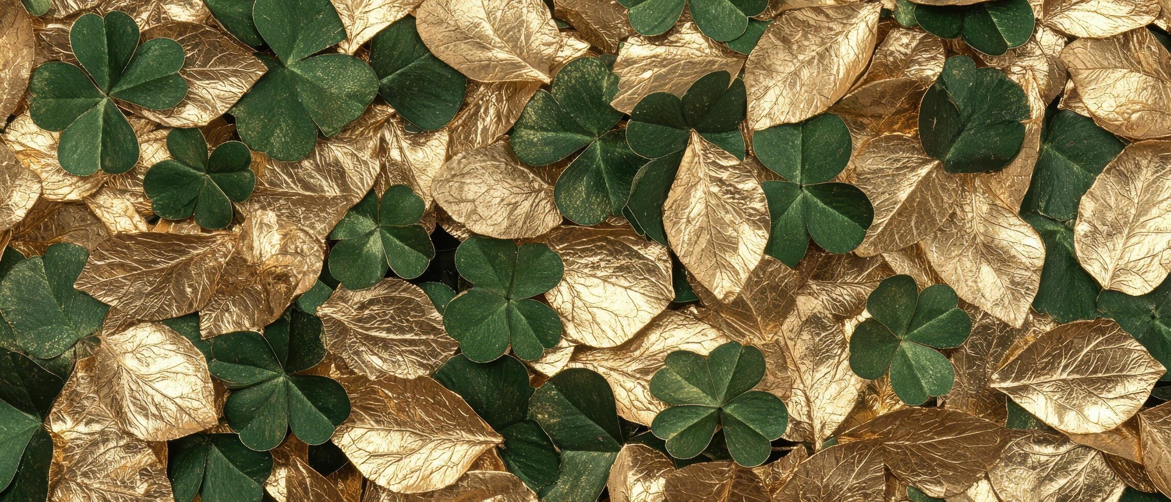 St Patricks Day background with golden leaves and shamrocks photo