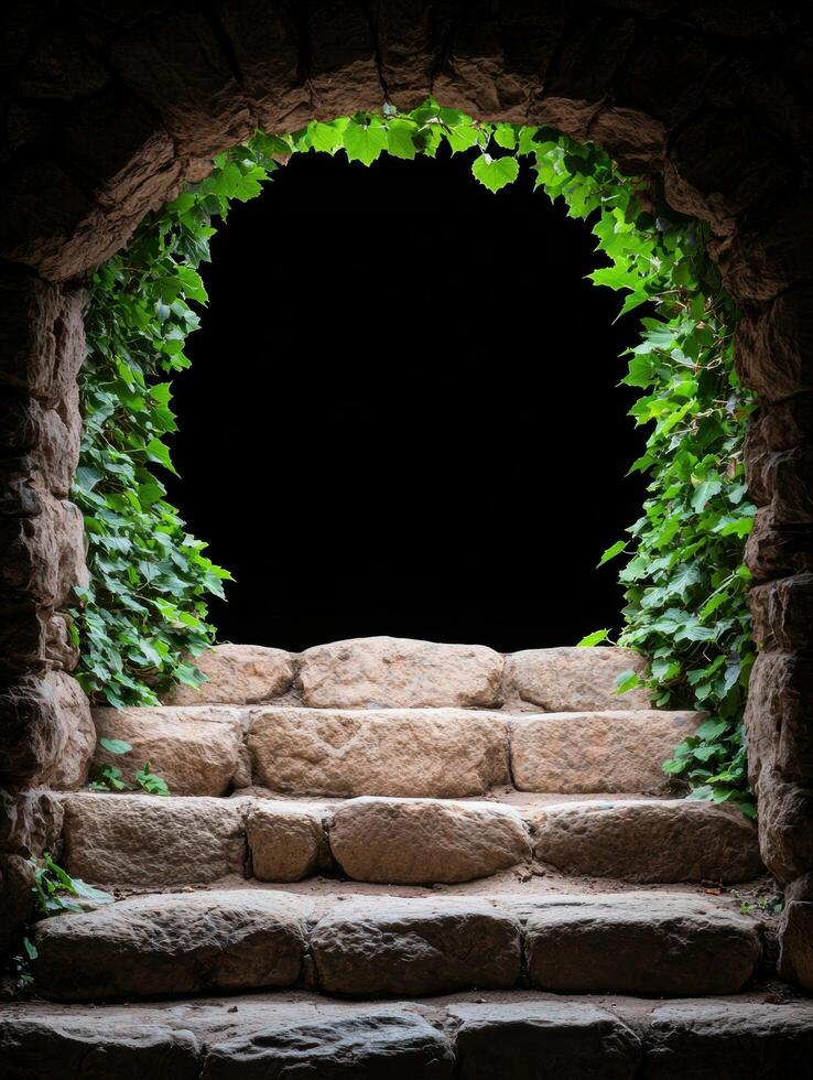 Stone steps lead to a dark archway overgrown with ivy photo