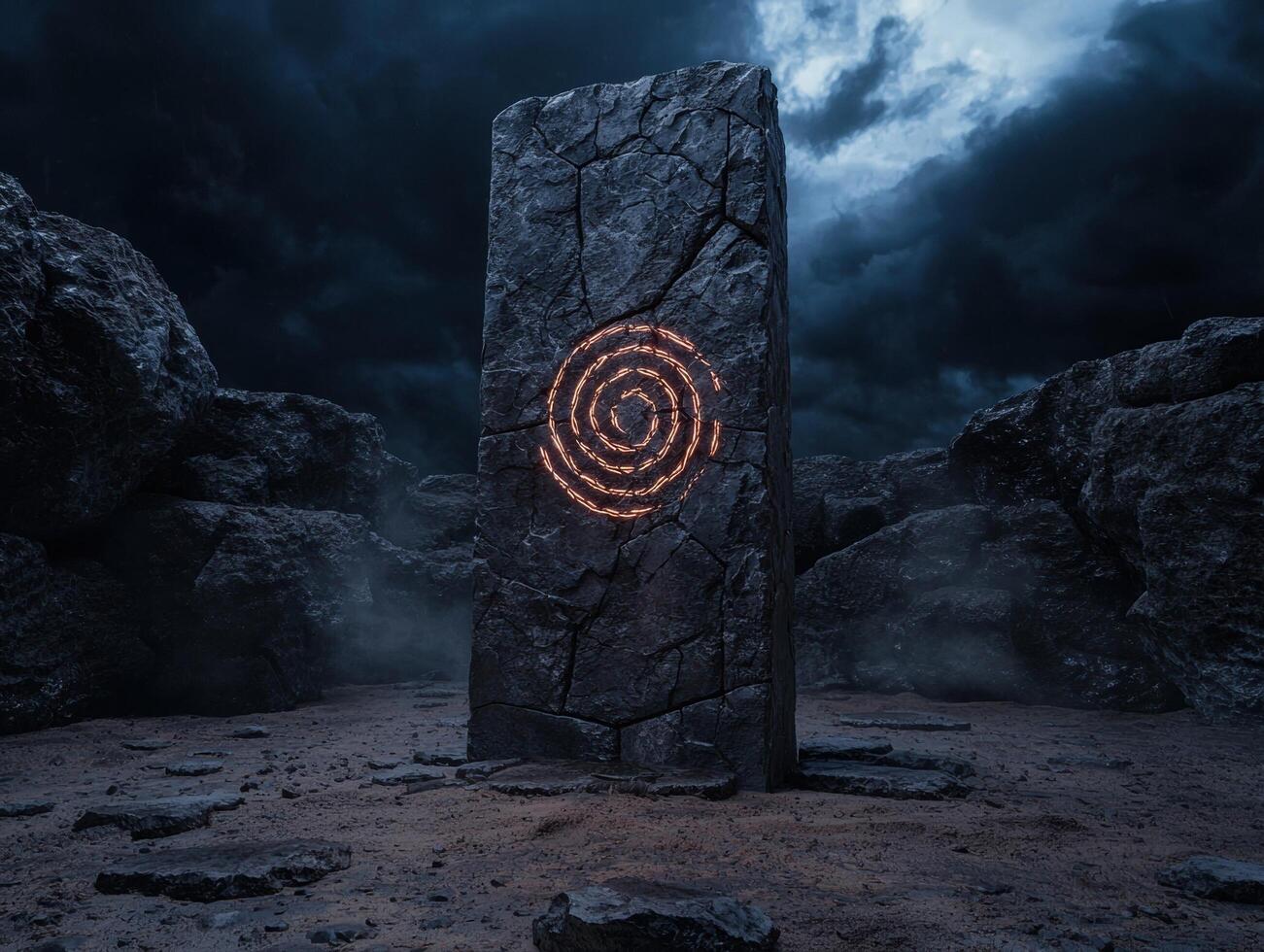 Mystical stone monolith with glowing spiral symbol in a dark landscape photo