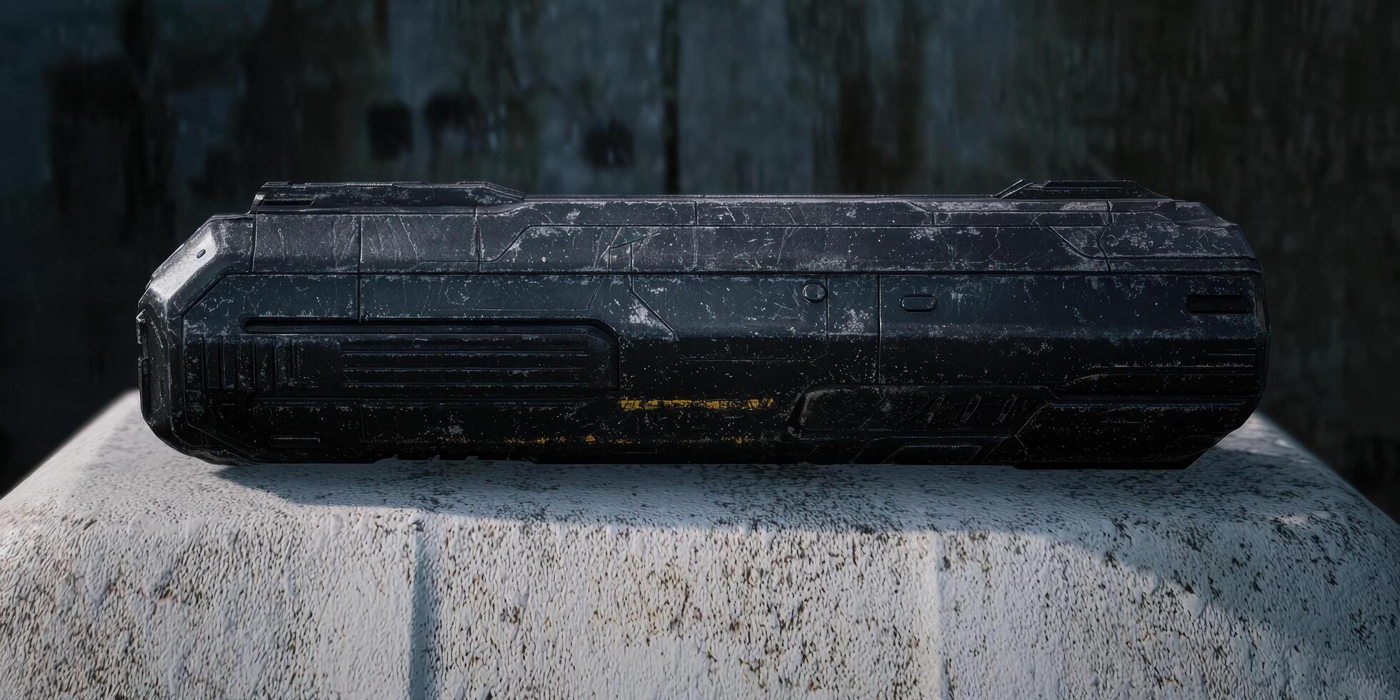 A futuristic military crate resting on a stone surface photo