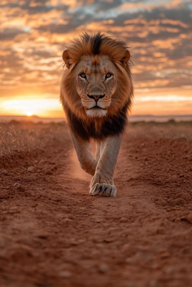 Majestic lion walking on a dirt road at sunset photo