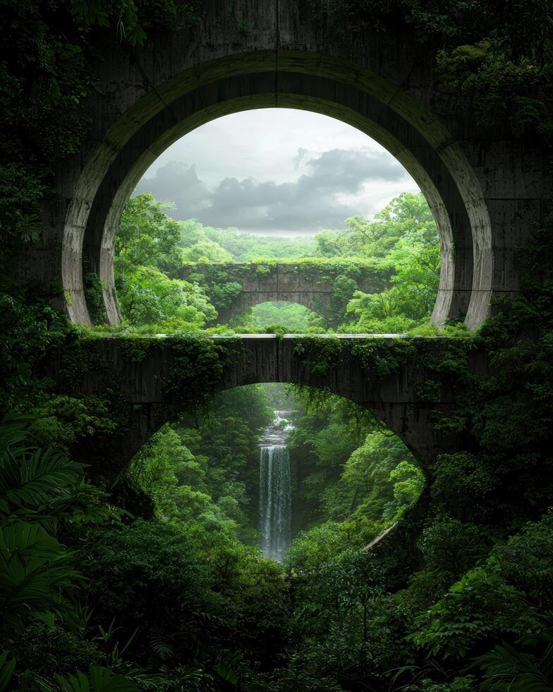 Lush green jungle with circular concrete arches and a waterfall photo