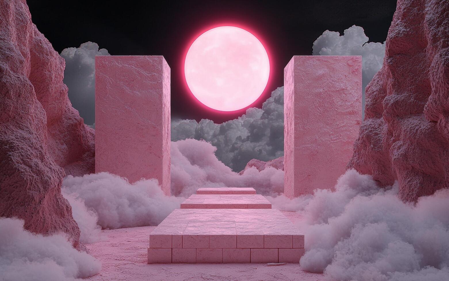 Pink surreal landscape with moon and clouds photo