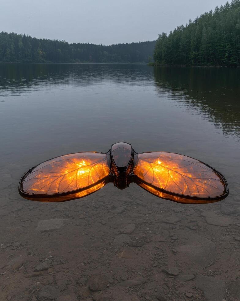Illuminated insect like drone hovering over a lake photo