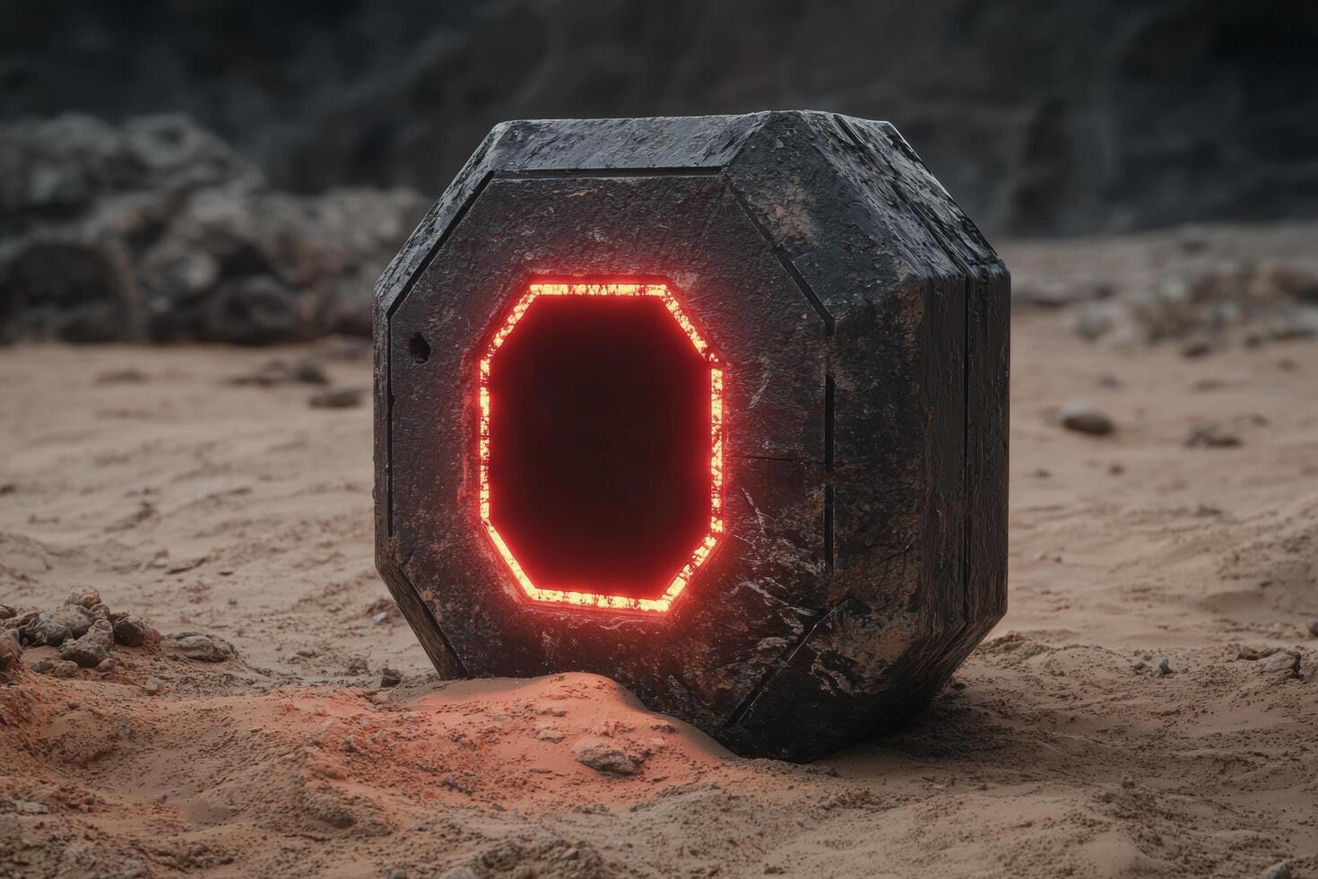 A mysterious cube with a glowing portal rests on an alien landscape photo