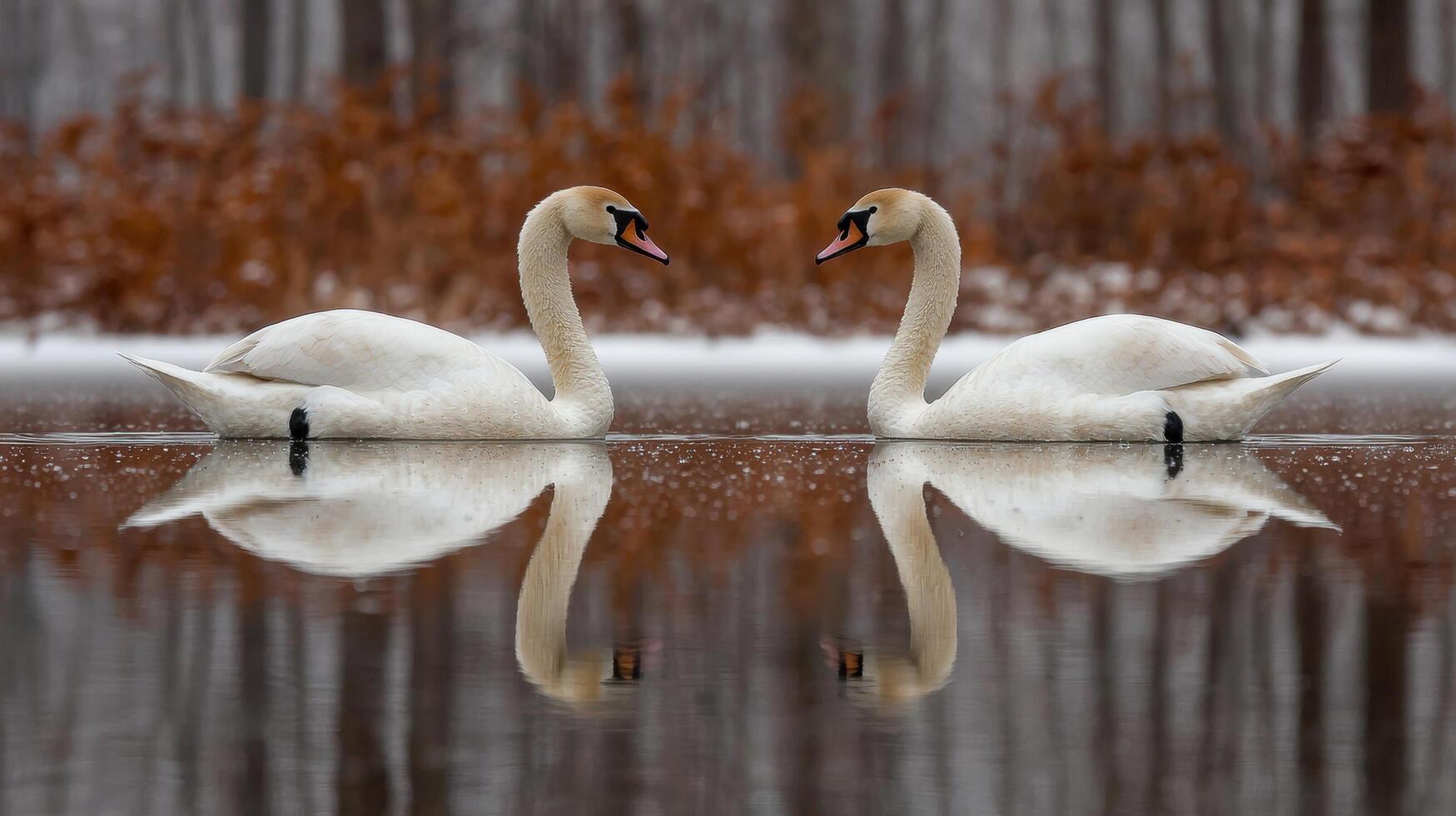 Two swans face each other on a lake in winter photo