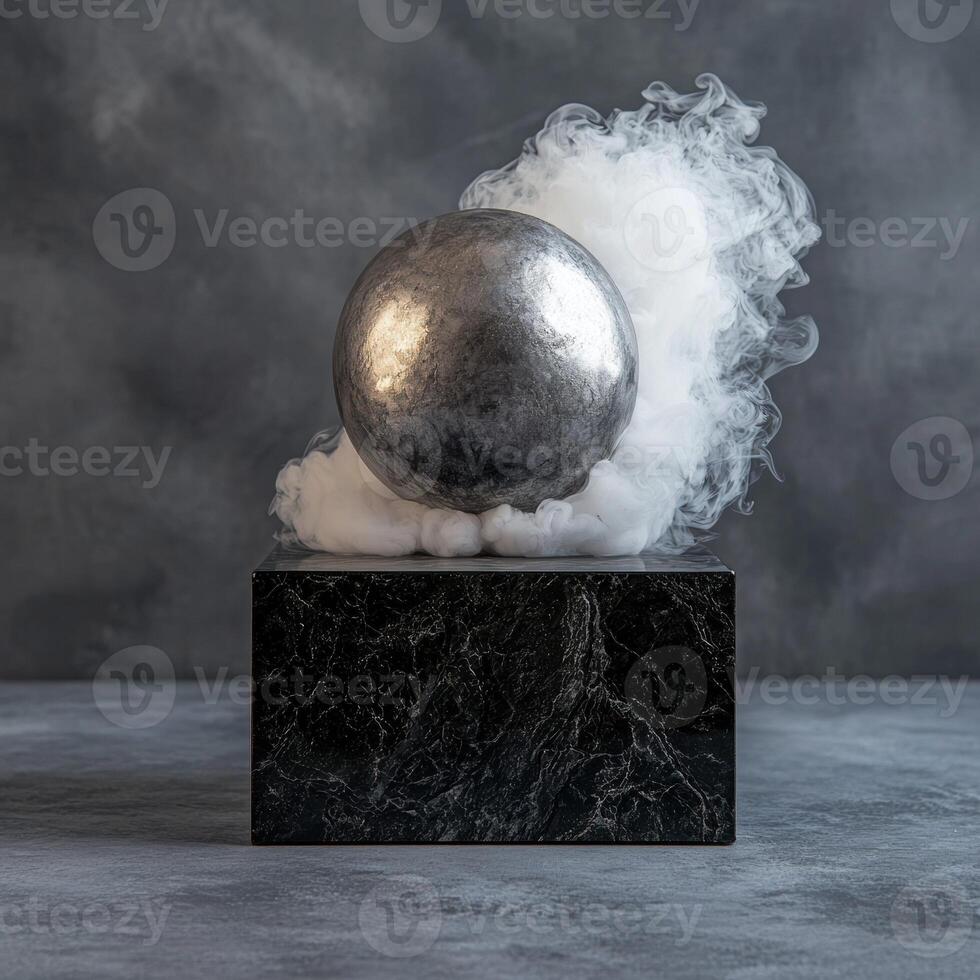Abstract still life with sphere, cube, and smoke photo
