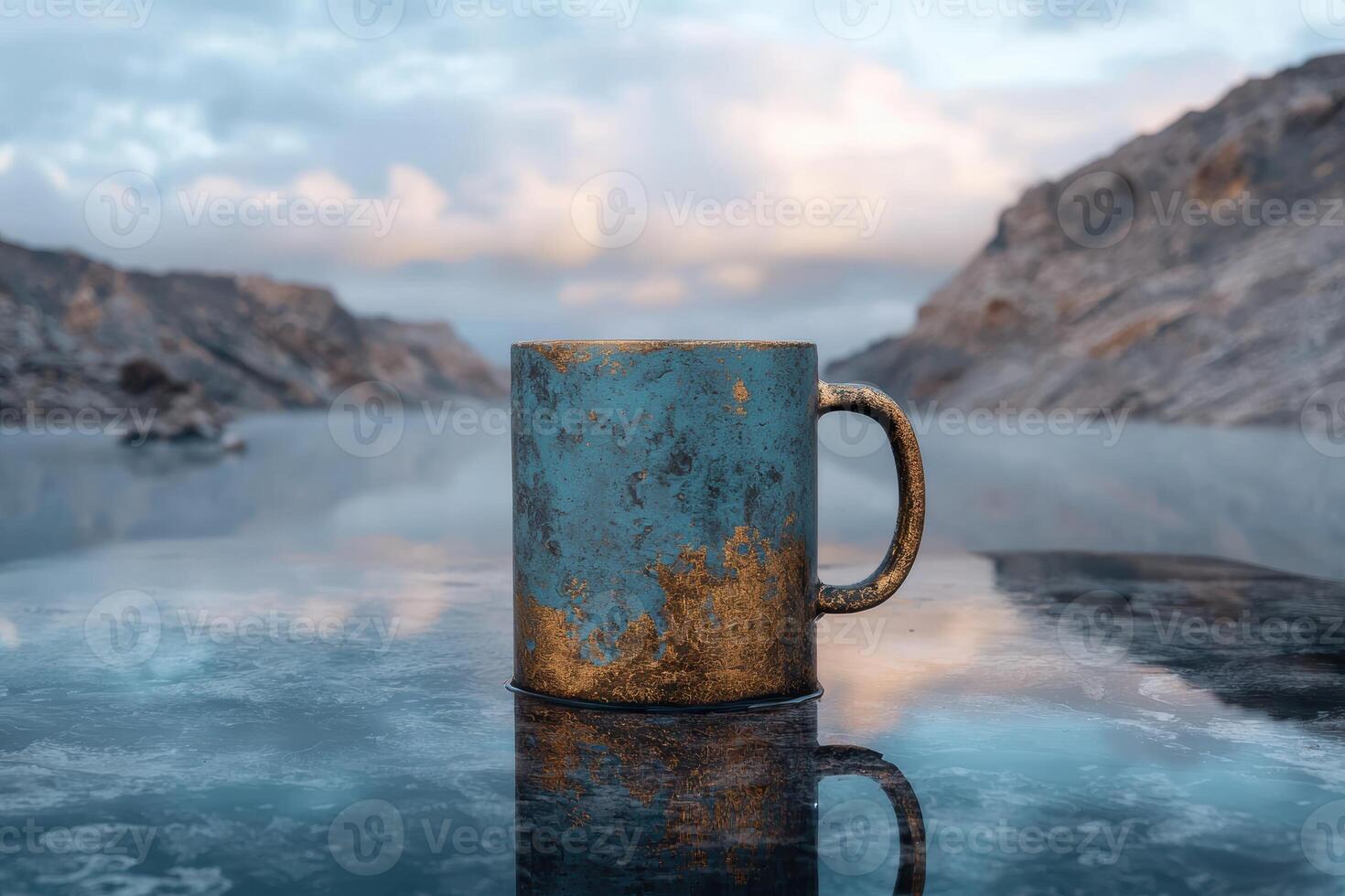 A blue and gold mug sits on a reflective surface in a scenic landscape photo