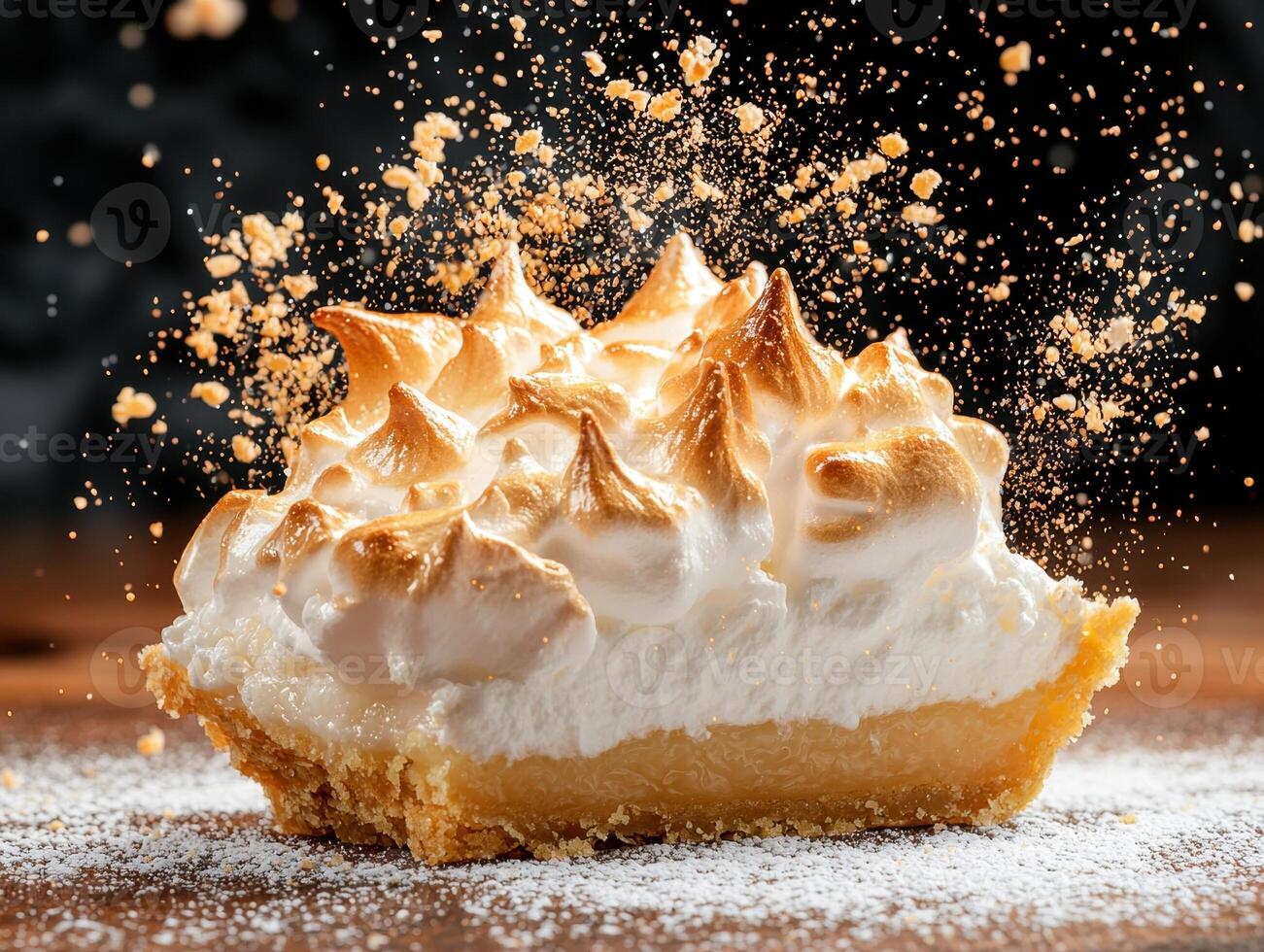 A slice of lemon meringue pie with powdered sugar photo