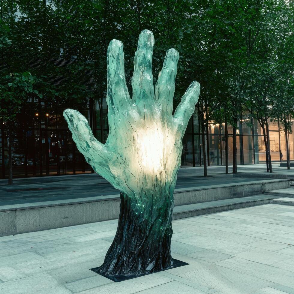 A large translucent hand sculpture in an urban setting photo