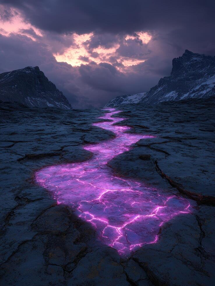 A river of purple lava flows through a mountainous landscape under a dramatic sky photo