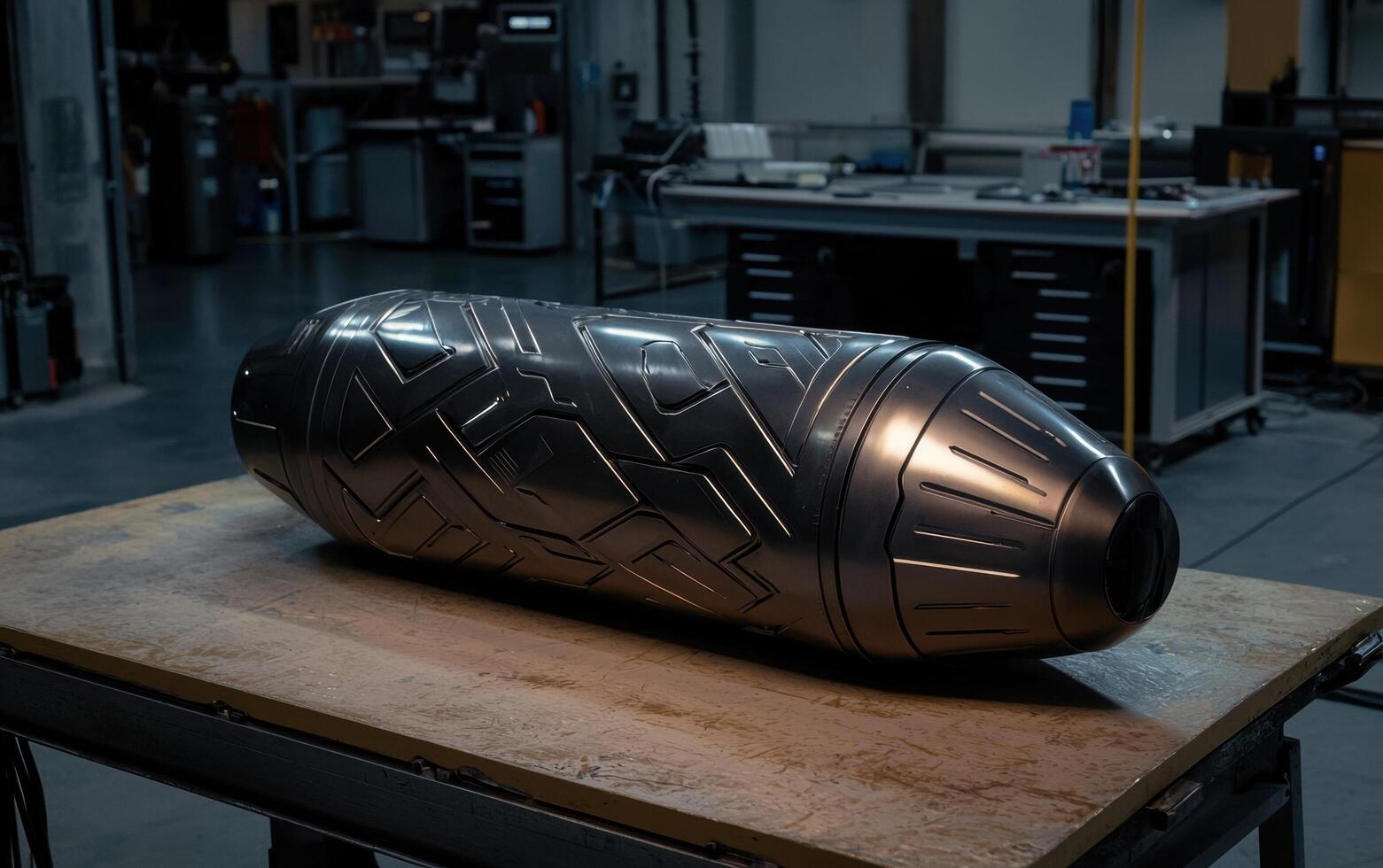 A futuristic metal pod with intricate designs rests on a workbench photo