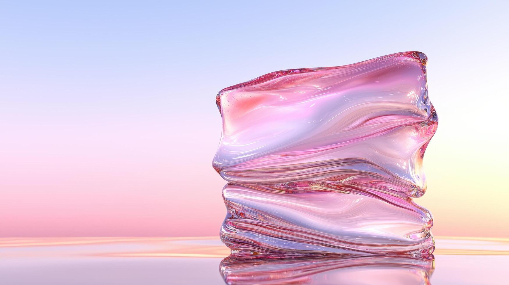 Abstract pink glass sculpture on a reflective surface photo