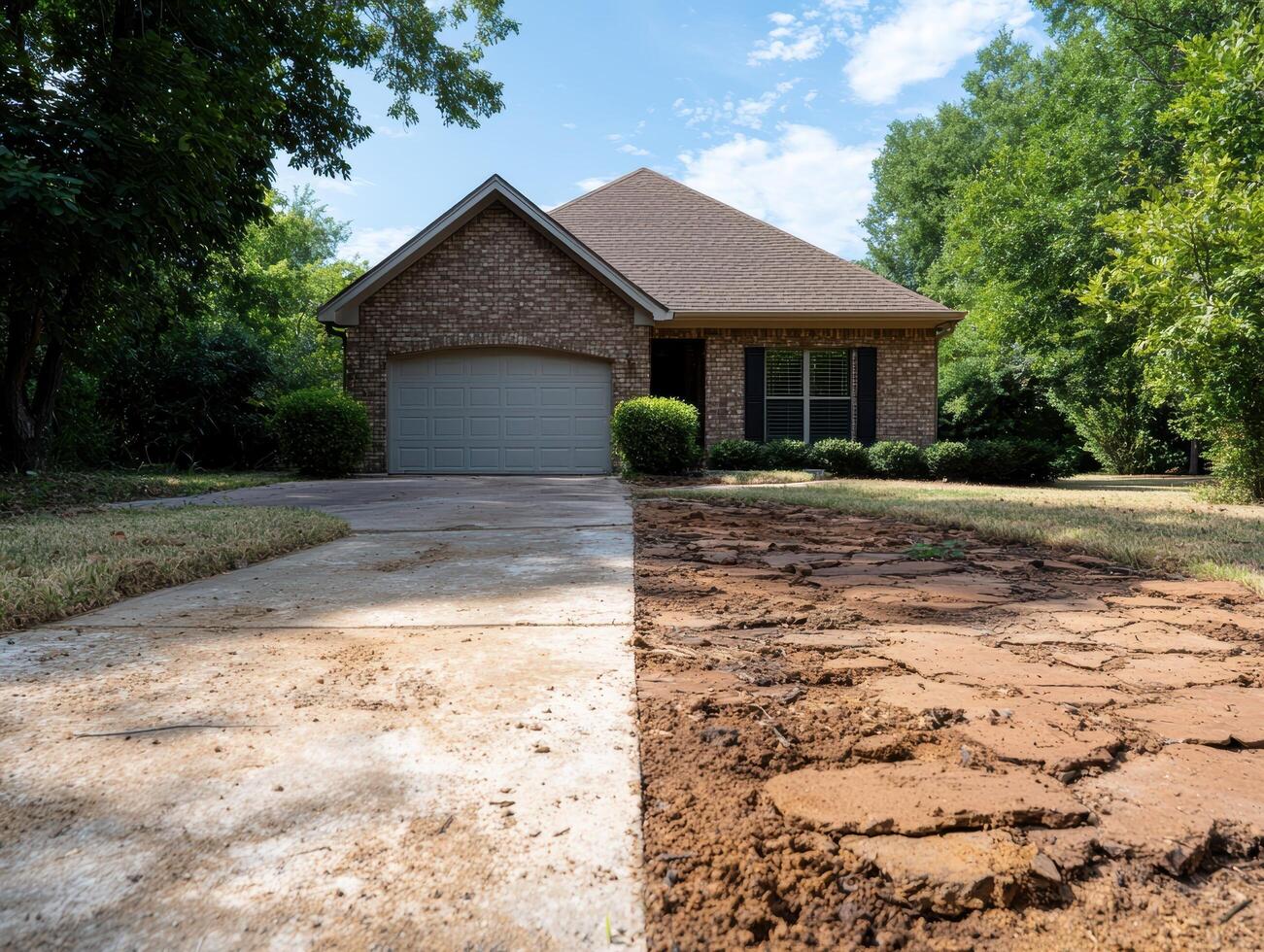 A house with a driveway that is half clean and half dirty photo