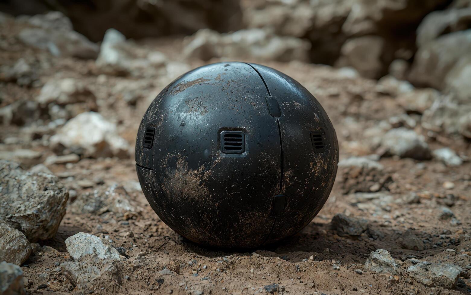 A futuristic black sphere rests on a rocky, desert like surface photo