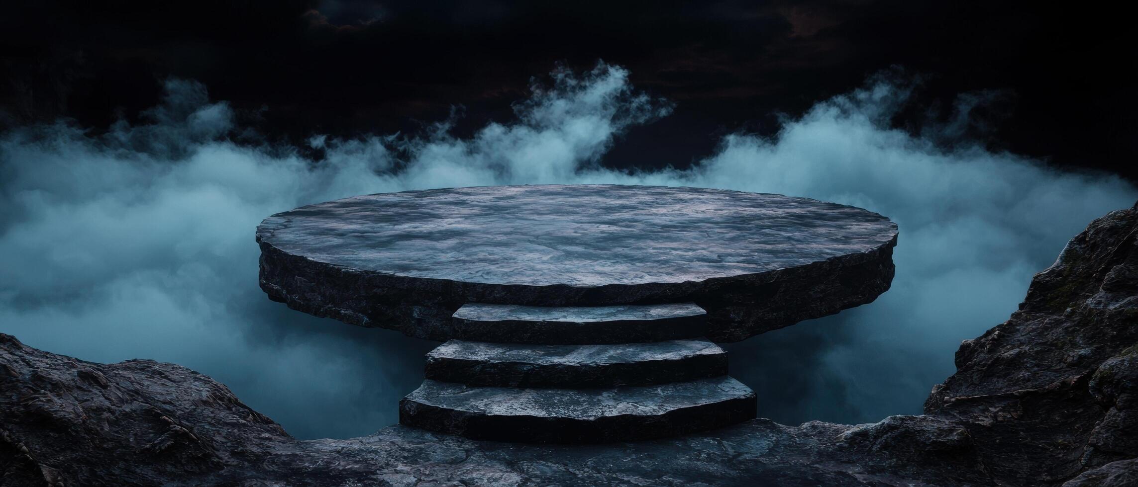 Dramatic stone platform with stairs against a cloudy sky photo