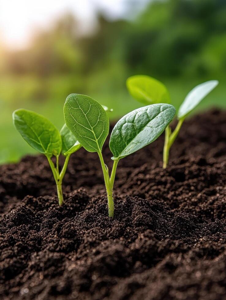 Young plants growing in soil in the sunlight photo