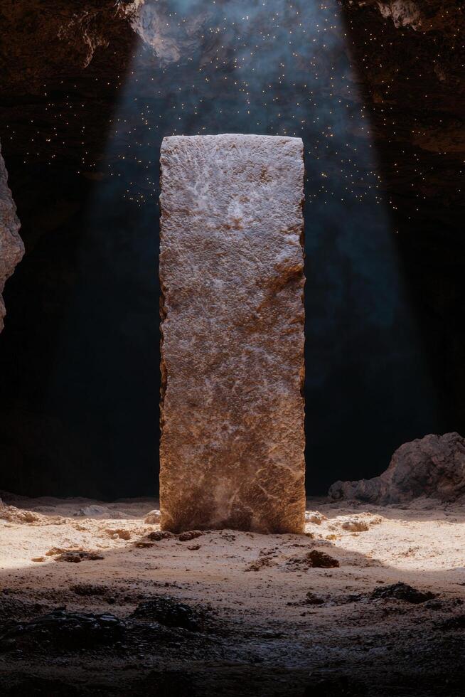 Monolith in a cave illuminated by light photo