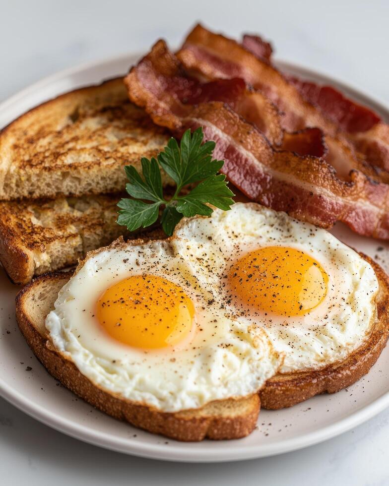 A delicious breakfast of eggs, bacon, and toast photo