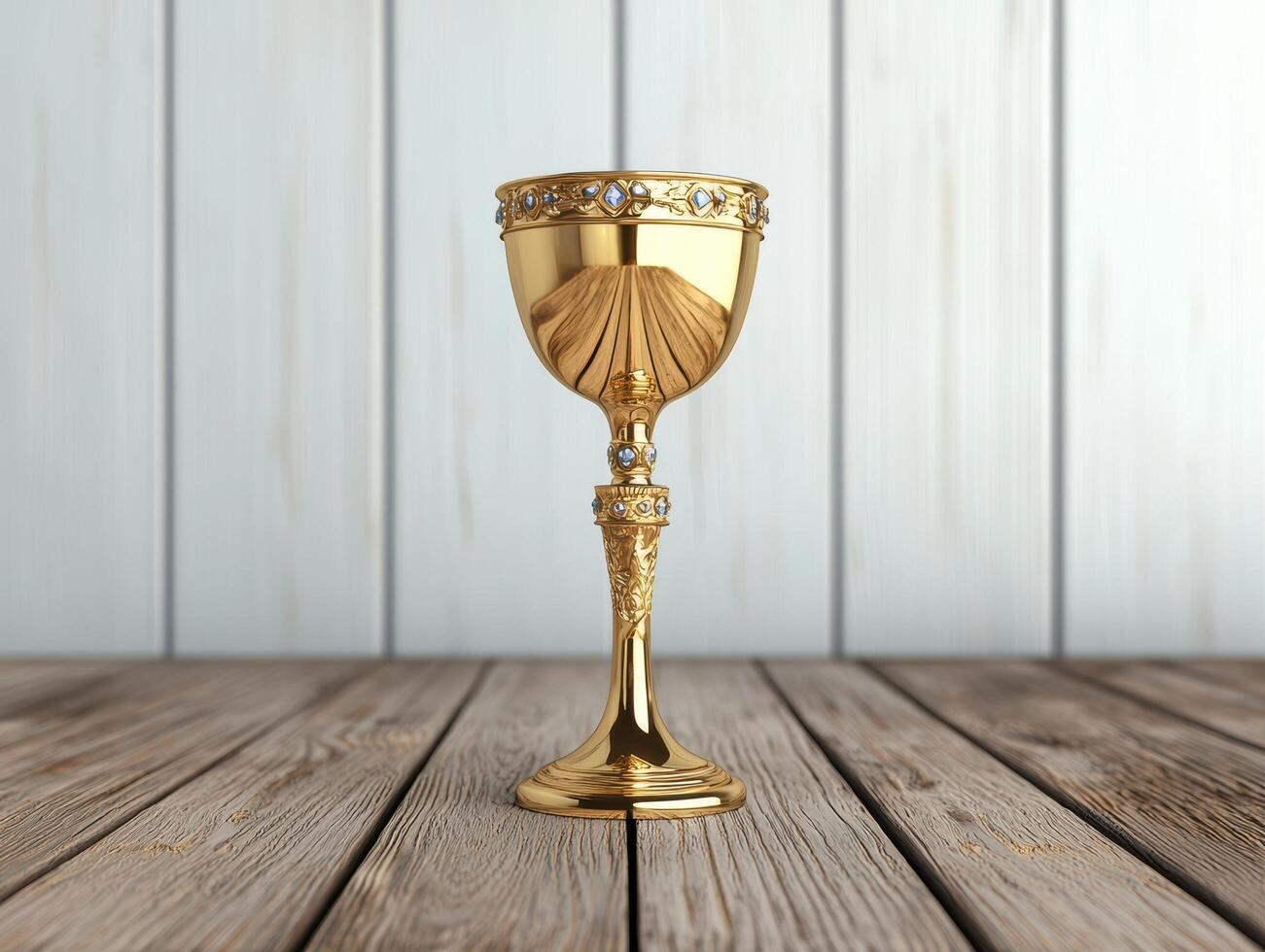 A golden goblet with ornate detailing sits on a wooden table photo