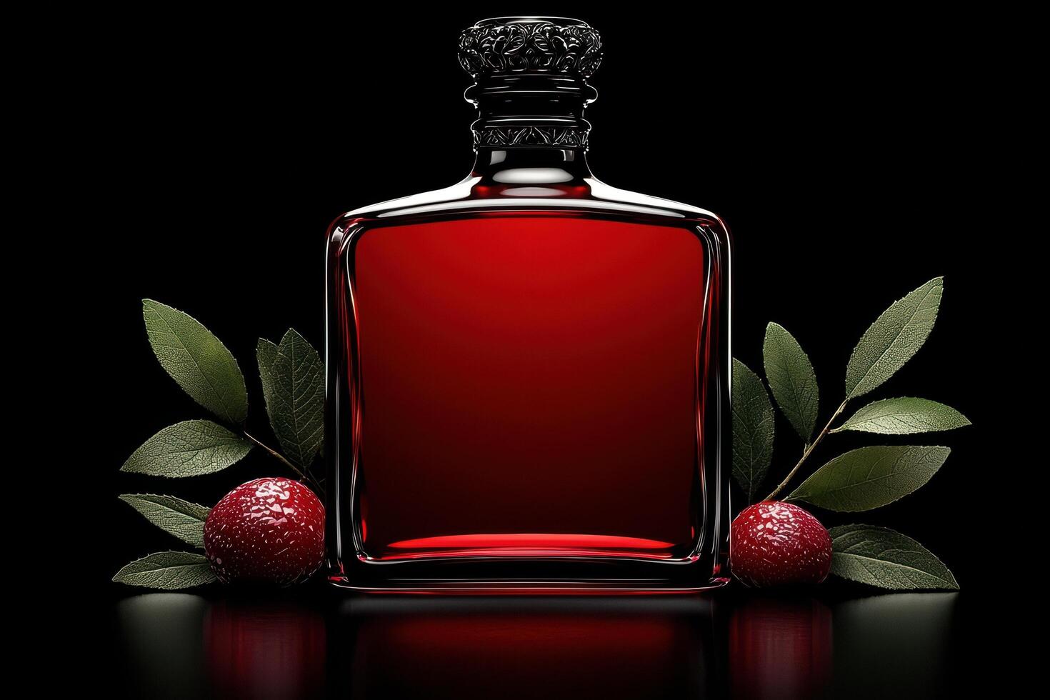 Elegant bottle of red liquid with berries and leaves on a black background photo