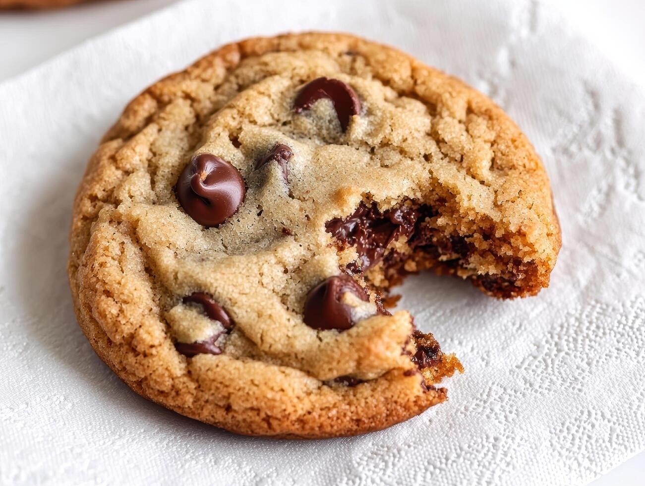 A delicious chocolate chip cookie with a bite taken out of it photo