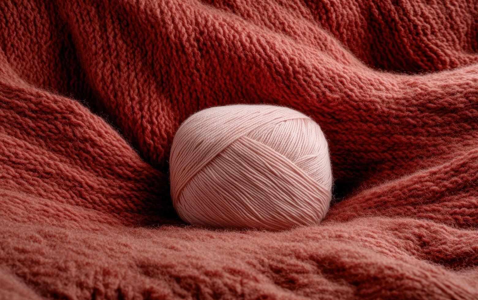 Ball of pale pink yarn nestled in folds of a knitted blanket photo