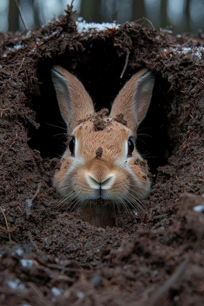 A cute rabbit peeks out of its burrow photo