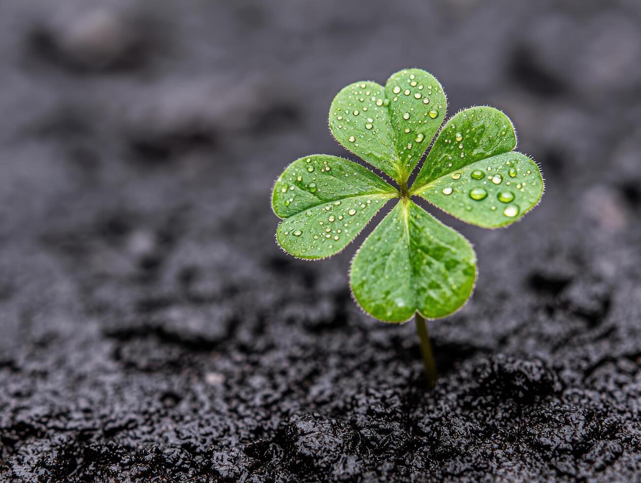 Close up of a four leaf clover with water droplets on its leaves photo