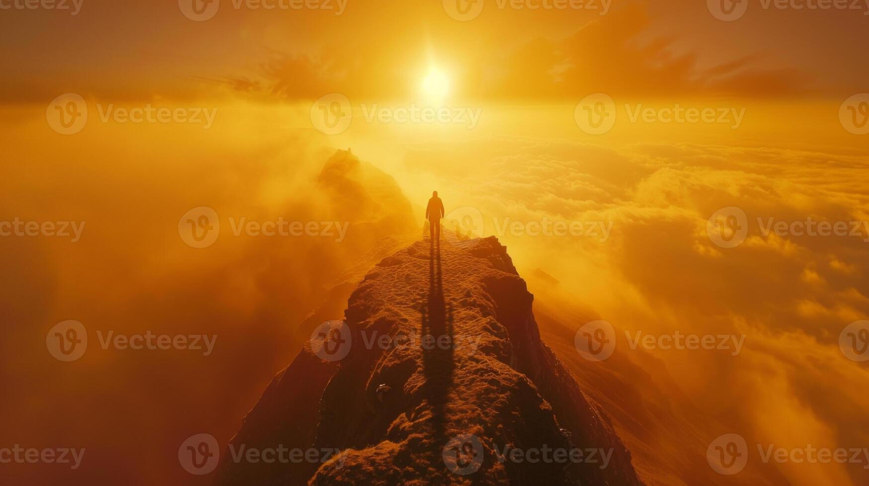 A person stands confidently on a rocky cliff, surrounded by thick clouds as the sun rises. The golden sun casts a warm glow, illuminating the scene with tranquility and wonder. photo