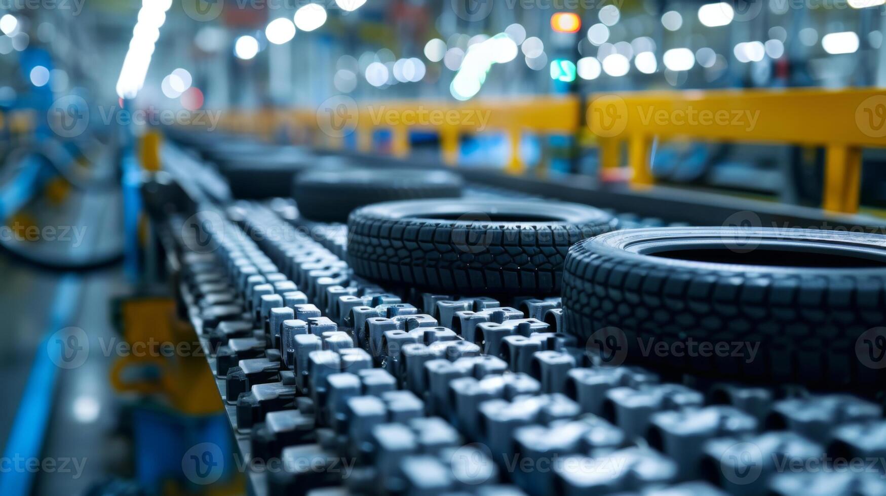 Tires are being assembled and transported along an automated conveyor belt in a busy manufacturing facility during the daytime, highlighting efficient industrial operations. photo