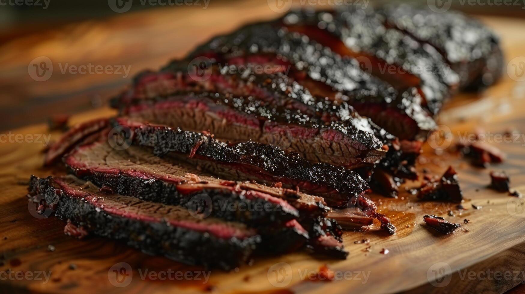 Sliced and perfectly smoked brisket rests on a wooden cutting board, showcasing its rich colors and texture, ideal for a summer barbecue feast among friends and family. photo