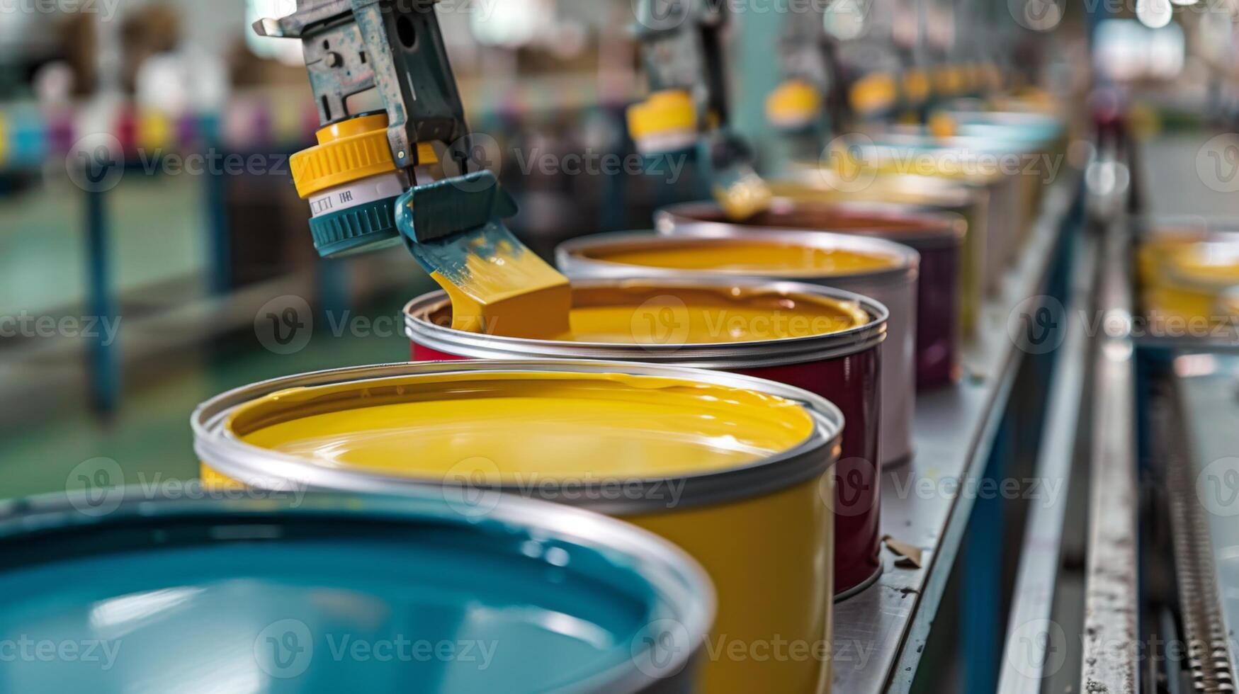Automated machinery meticulously fills colorful paint cans in a busy factory setting, showcasing a streamlined production process in broad daylight. photo