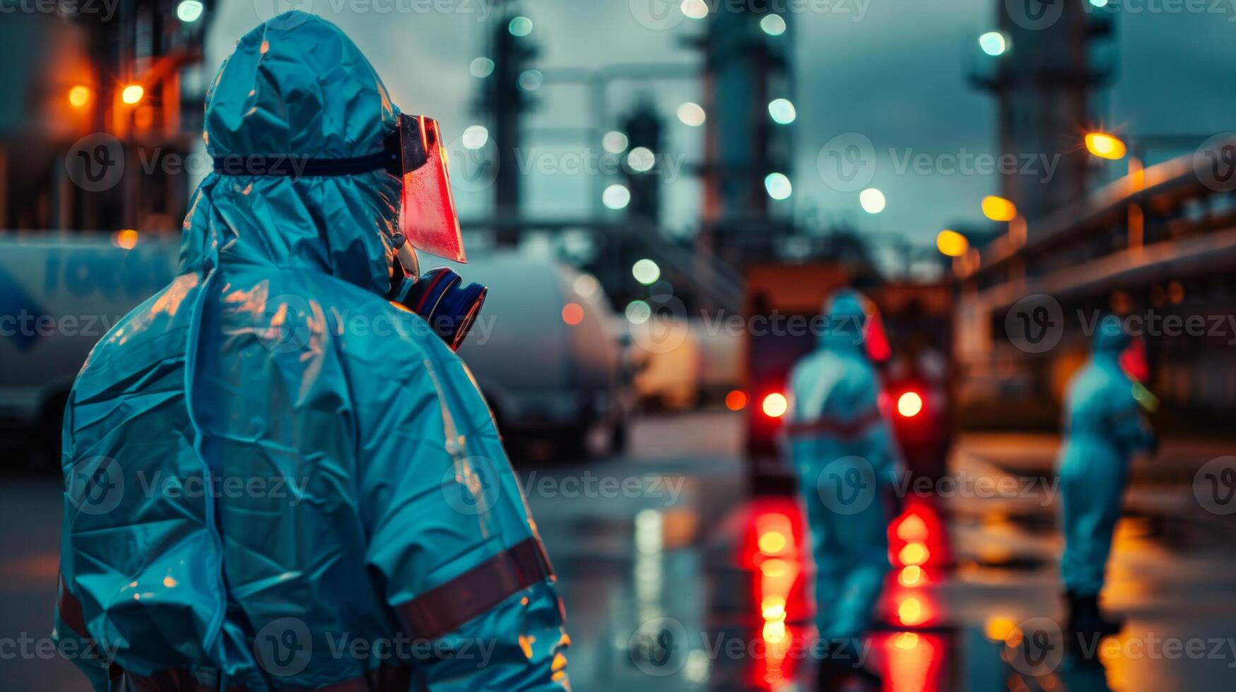 Group of workers wearing protective clothing monitor safety protocols at an industrial site as evening approaches, highlighting a serious and cautious atmosphere. photo