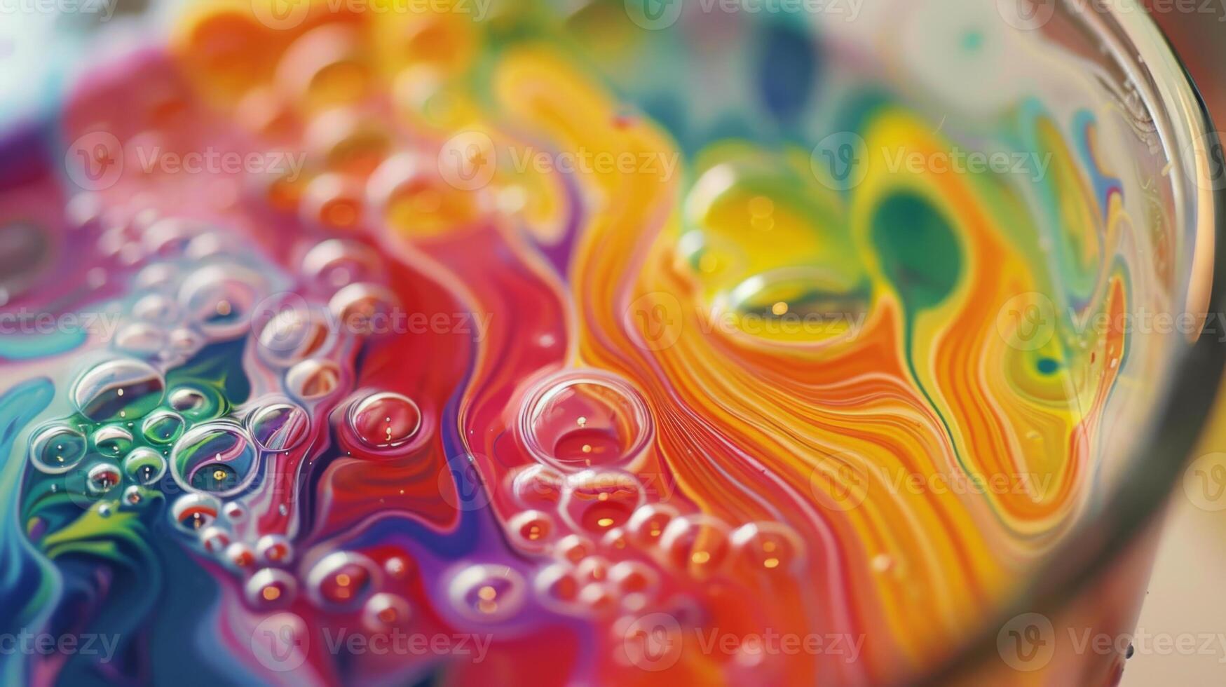 Bright, swirling colors of red, yellow, green, and blue create a mesmerizing pattern in a glass full of bubbles, reflecting the light and creating a lively scene. photo