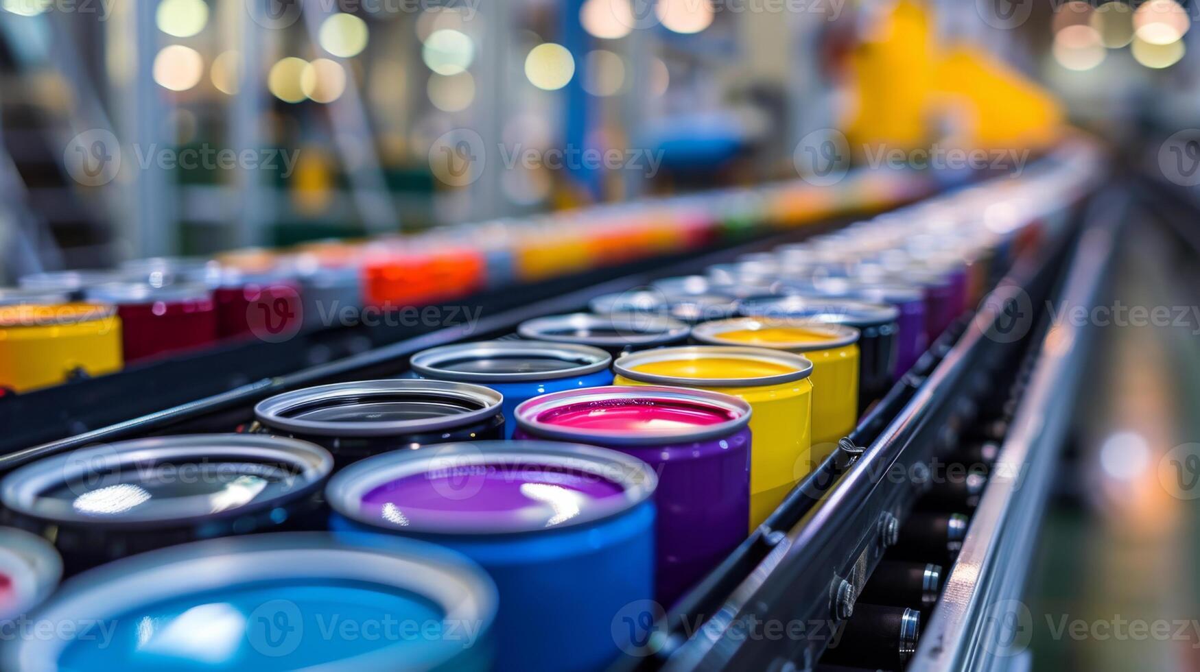 Brightly colored paint cans line a conveyor belt in a busy manufacturing plant during working hours, showcasing the array of hues available for various applications. photo