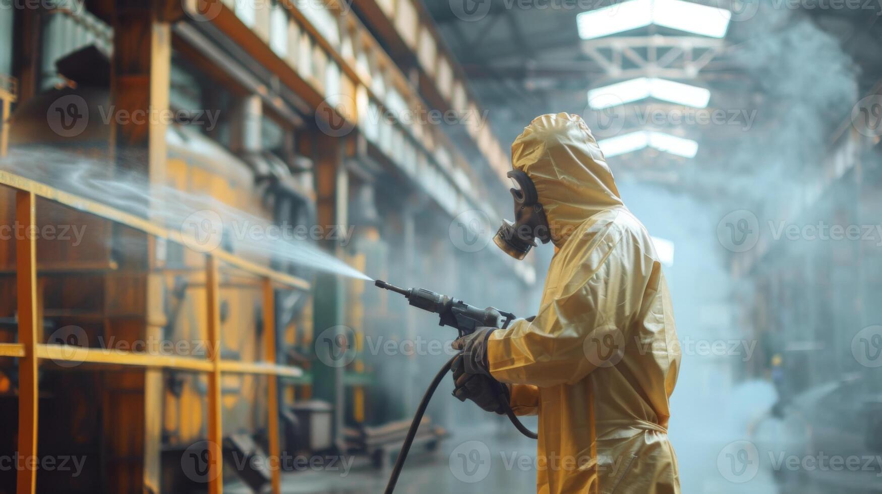 A person wearing protective clothing and a gas mask operates a spray device to disinfect surfaces in a large industrial space, surrounded by equipment and mist. photo