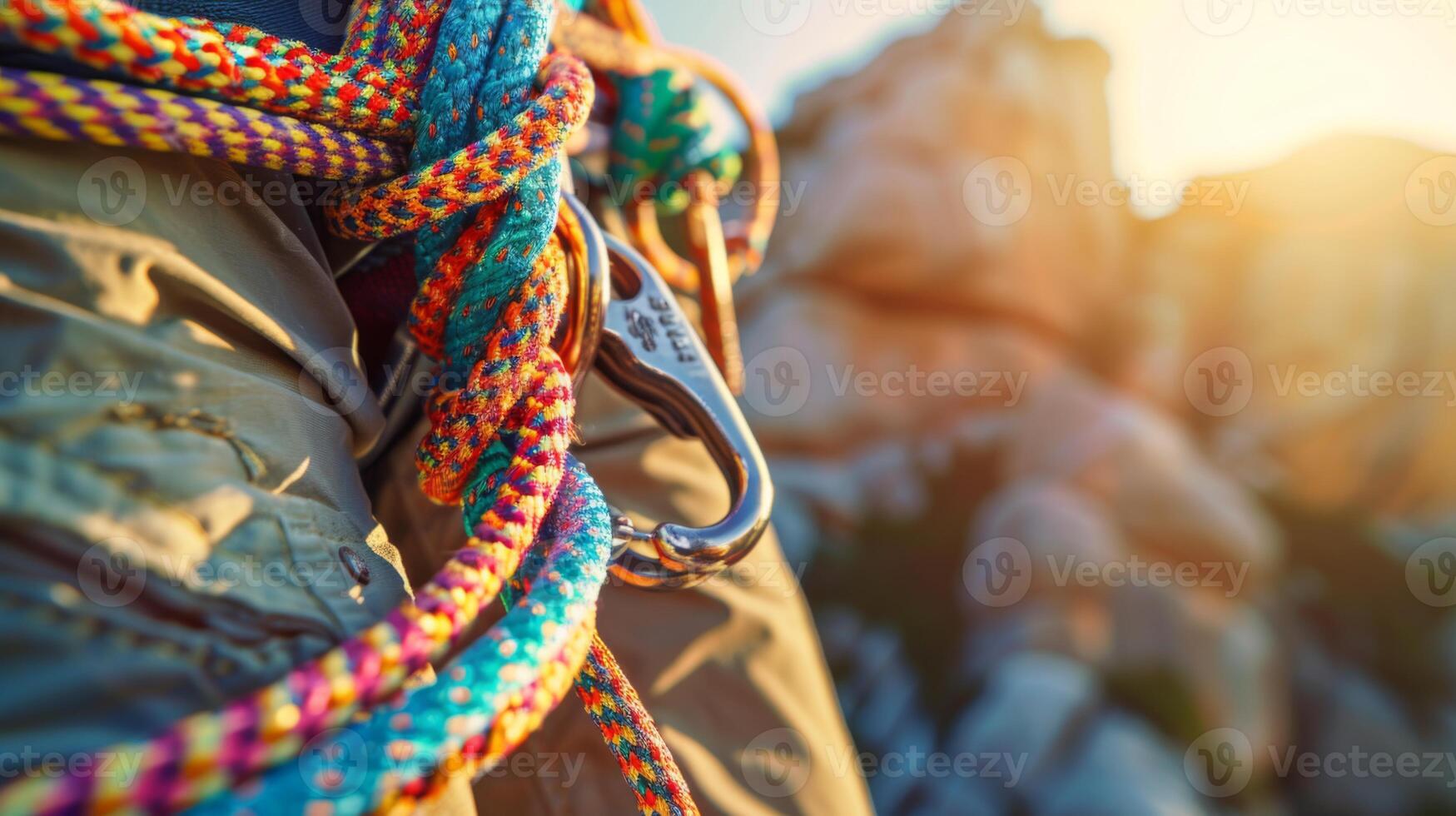 A climber is gearing up, showcasing vibrant climbing ropes and a carabiner, with a beautiful sunset illuminating rugged rocks in the background. photo