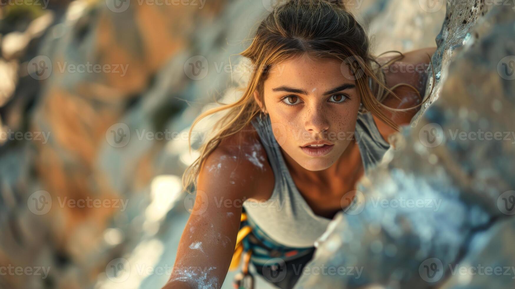 A determined climber ascends a rugged cliff face under the warm afternoon sun, showcasing strength and focus amidst natural beauty and challenging terrain. photo