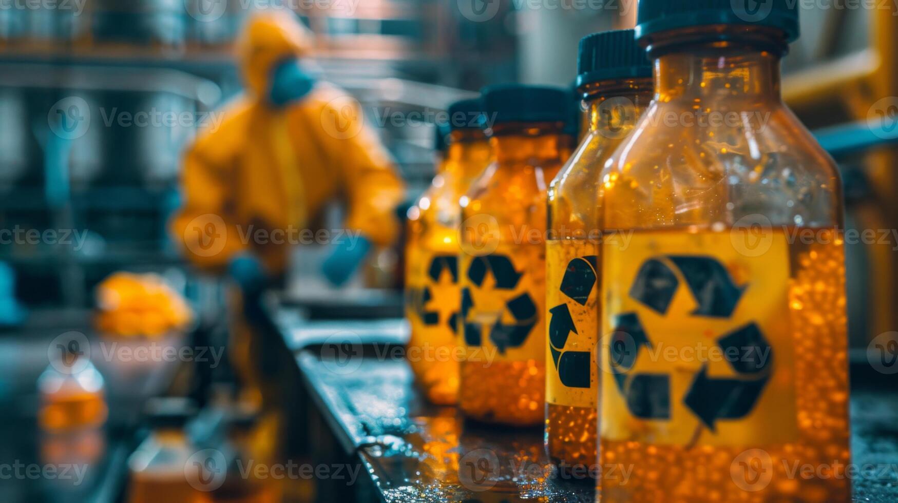 In a recycling facility, workers in protective suits carefully handle containers filled with yellow liquid, emphasizing safety and environmental awareness as they sort materials. photo