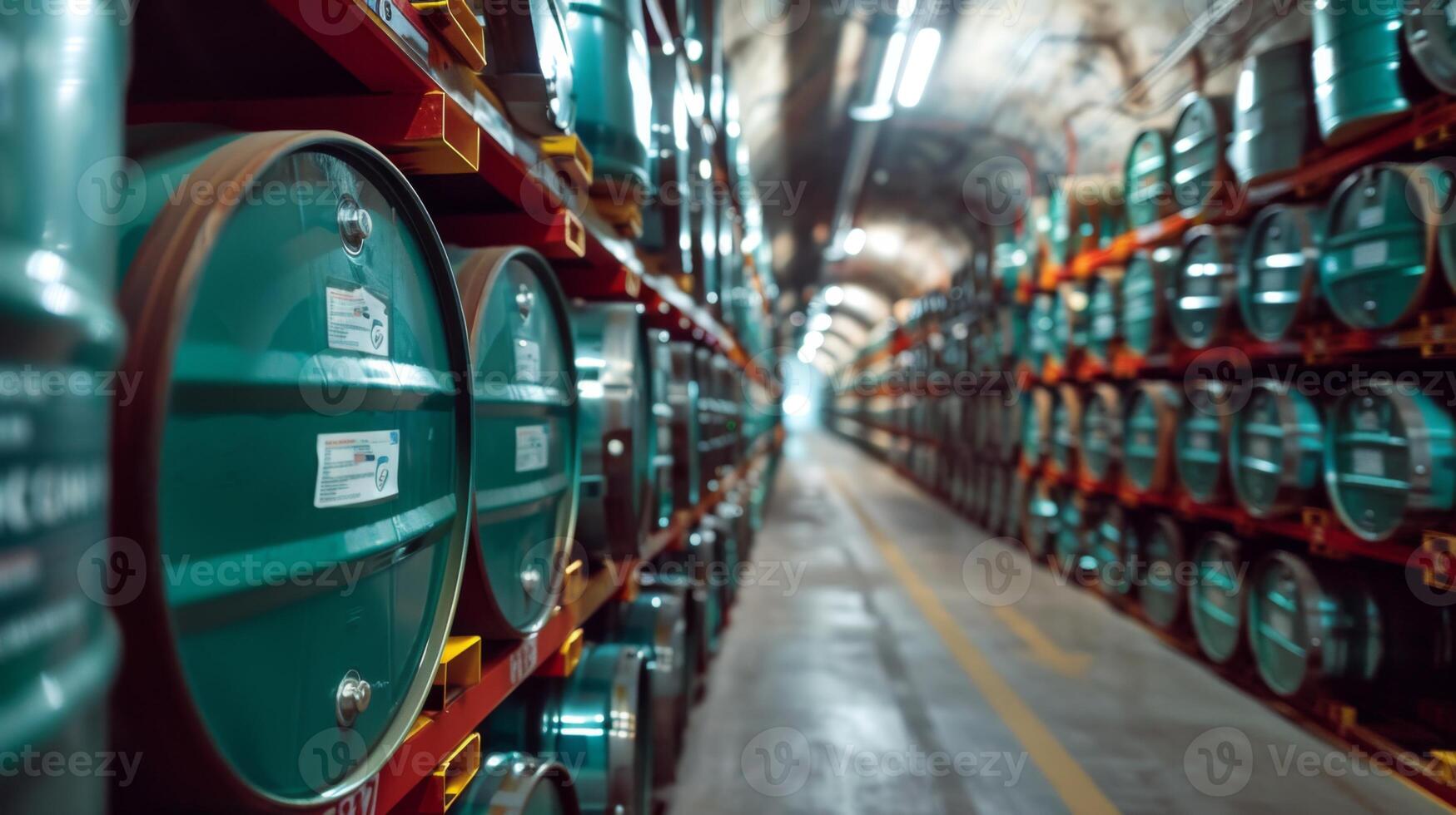 Numerous green barrels are neatly arranged on shelves within a dimly lit underground corridor, creating an organized yet expansive storage space. photo