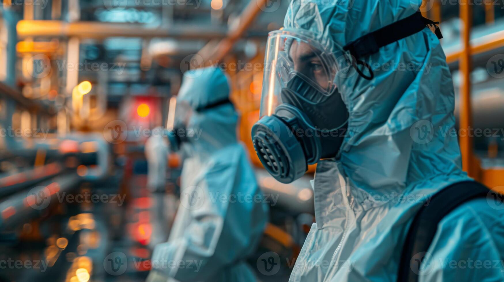 Two workers in protective suits with masks examine equipment in a well lit industrial setting during the evening, ensuring safety and compliance with regulations. photo