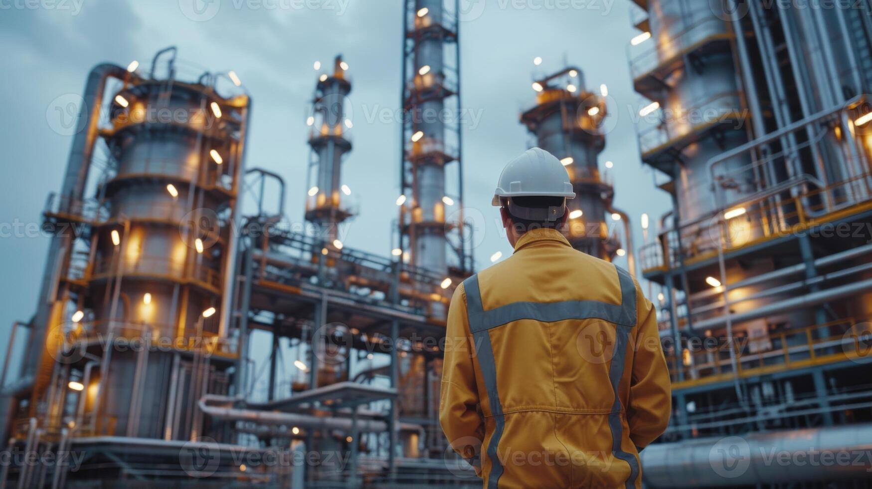 A worker in a yellow jacket and hard hat stands in front of towering industrial equipment at dusk. The area is well lit, showcasing the complex structures against a moody sky. photo