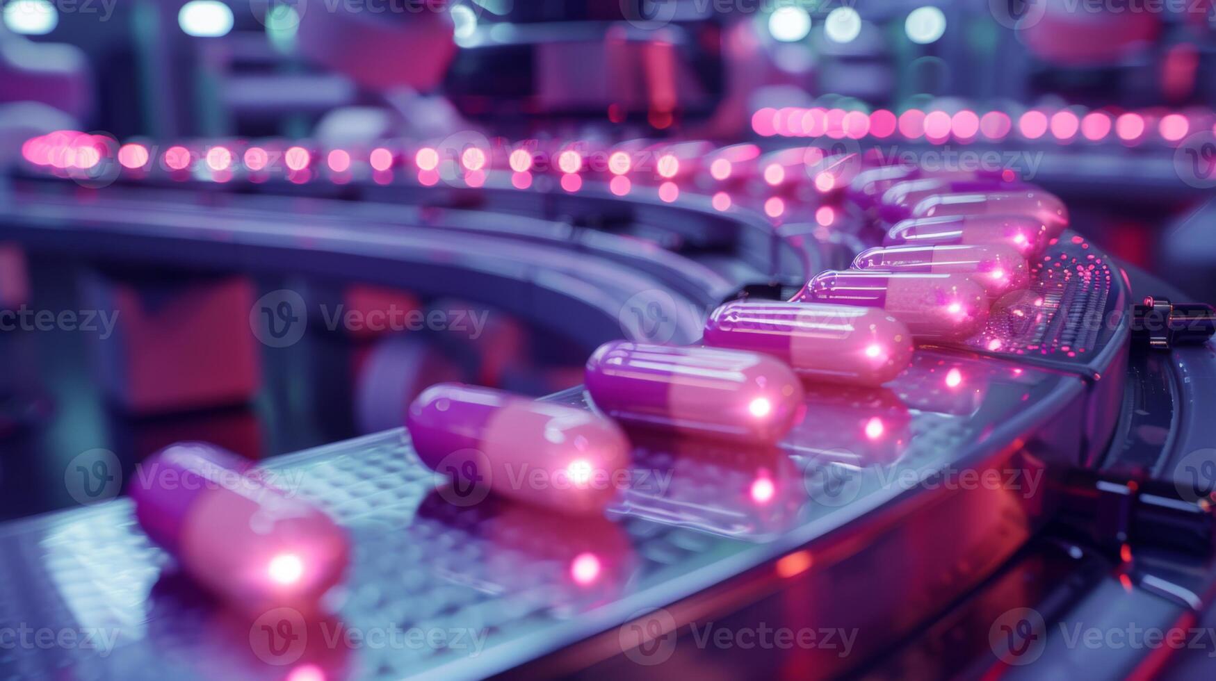 Capsules are being transported along a conveyor belt in a pharmaceutical manufacturing facility, showcasing advanced technology illuminated with pink light at night. photo