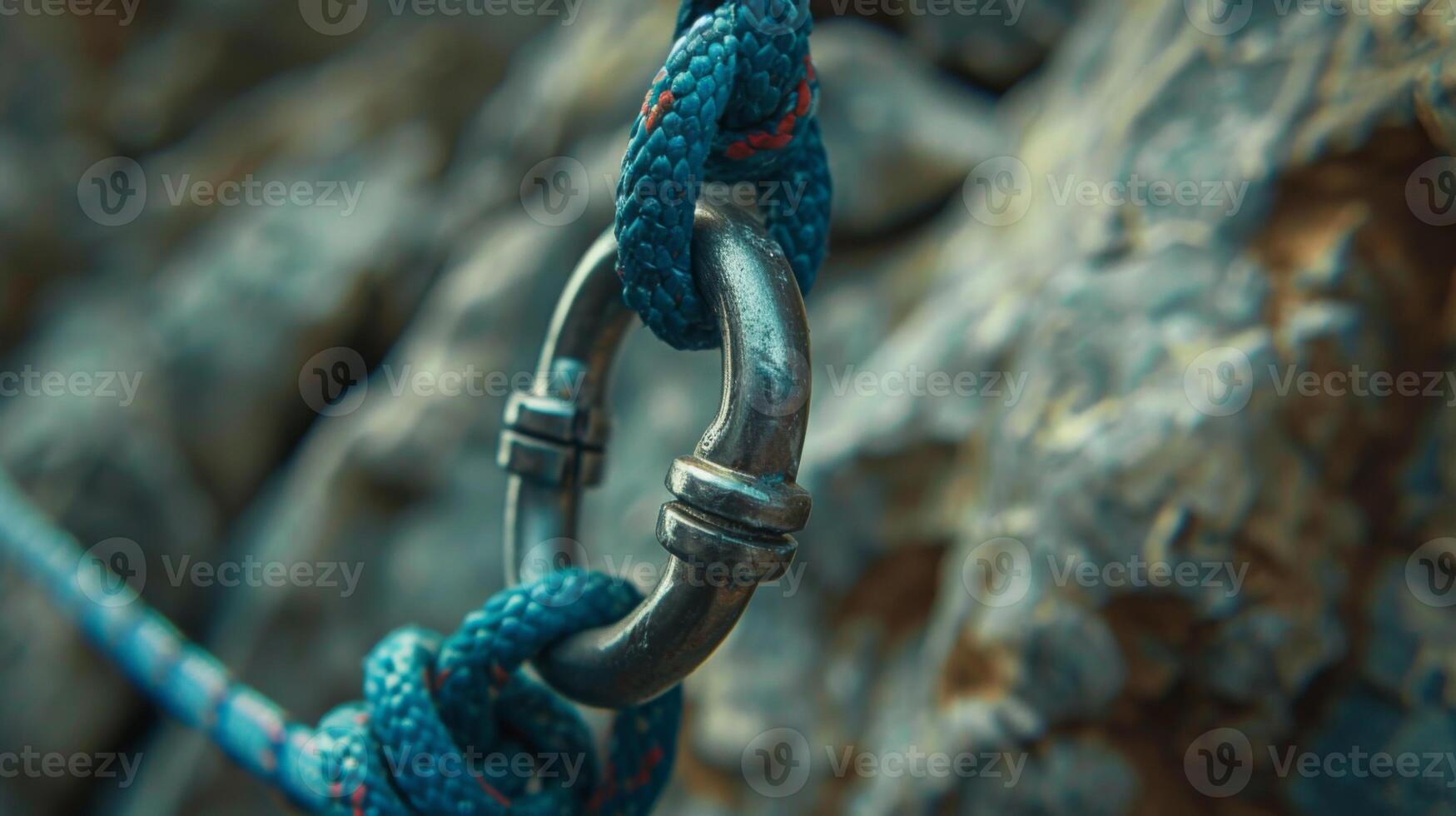 Metal carabiner, attached to a colorful climbing rope, is showcased in detail against a backdrop of rugged rocks during a climbing adventure on a sunny day. photo
