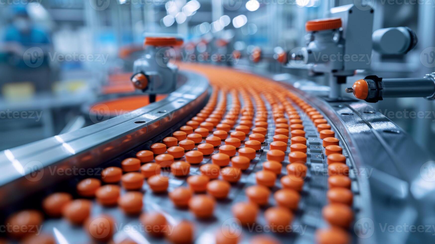 A smooth conveyor belt carries vibrant candies through a high tech manufacturing, plant as workers monitor the process in a bustling atmosphere filled with machinery photo
