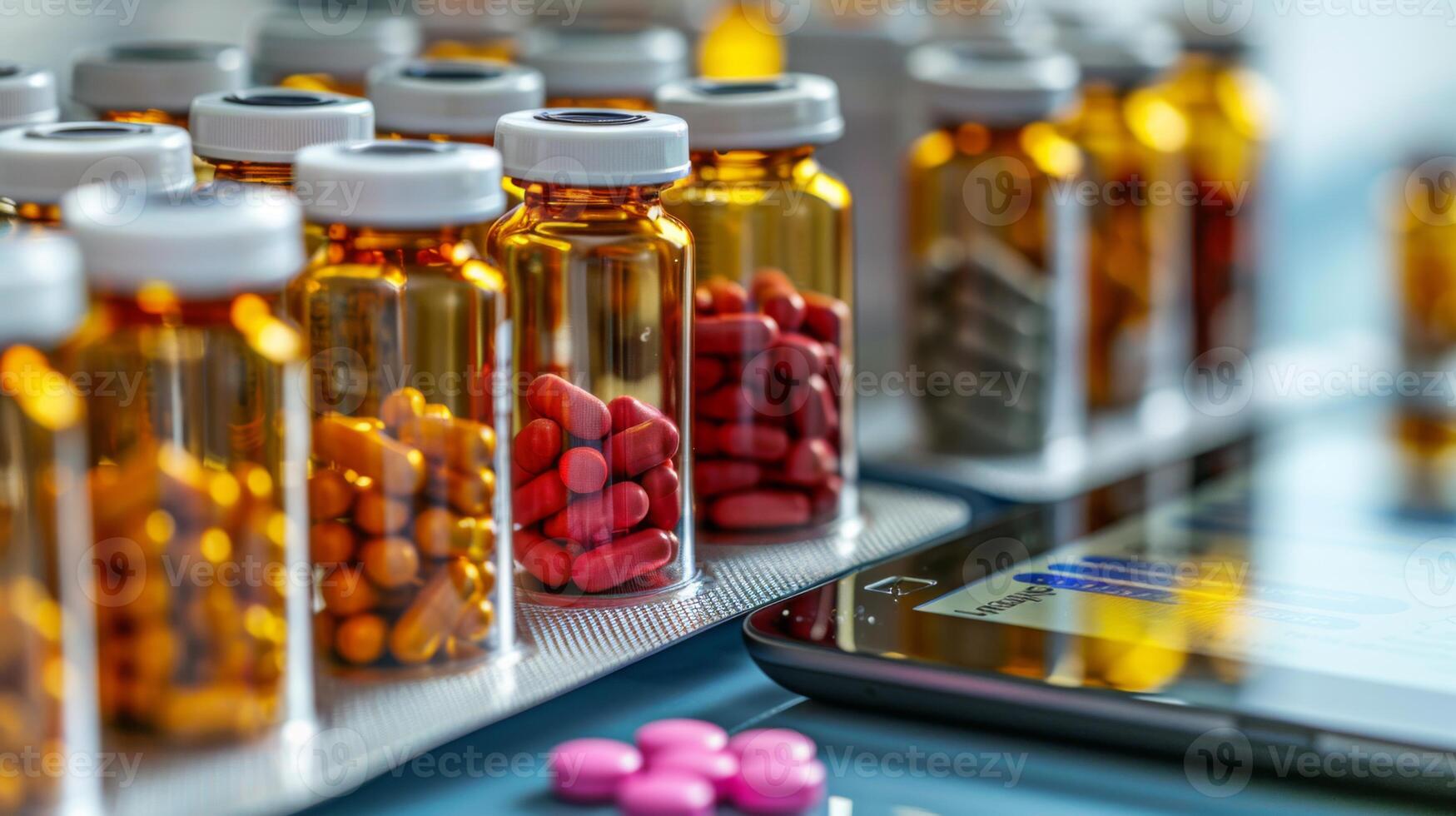 Bottles filled with various pills and tablets are arranged neatly on a surface next to a smartphone showing health statistics, emphasizing the connection between medicine and technology. photo