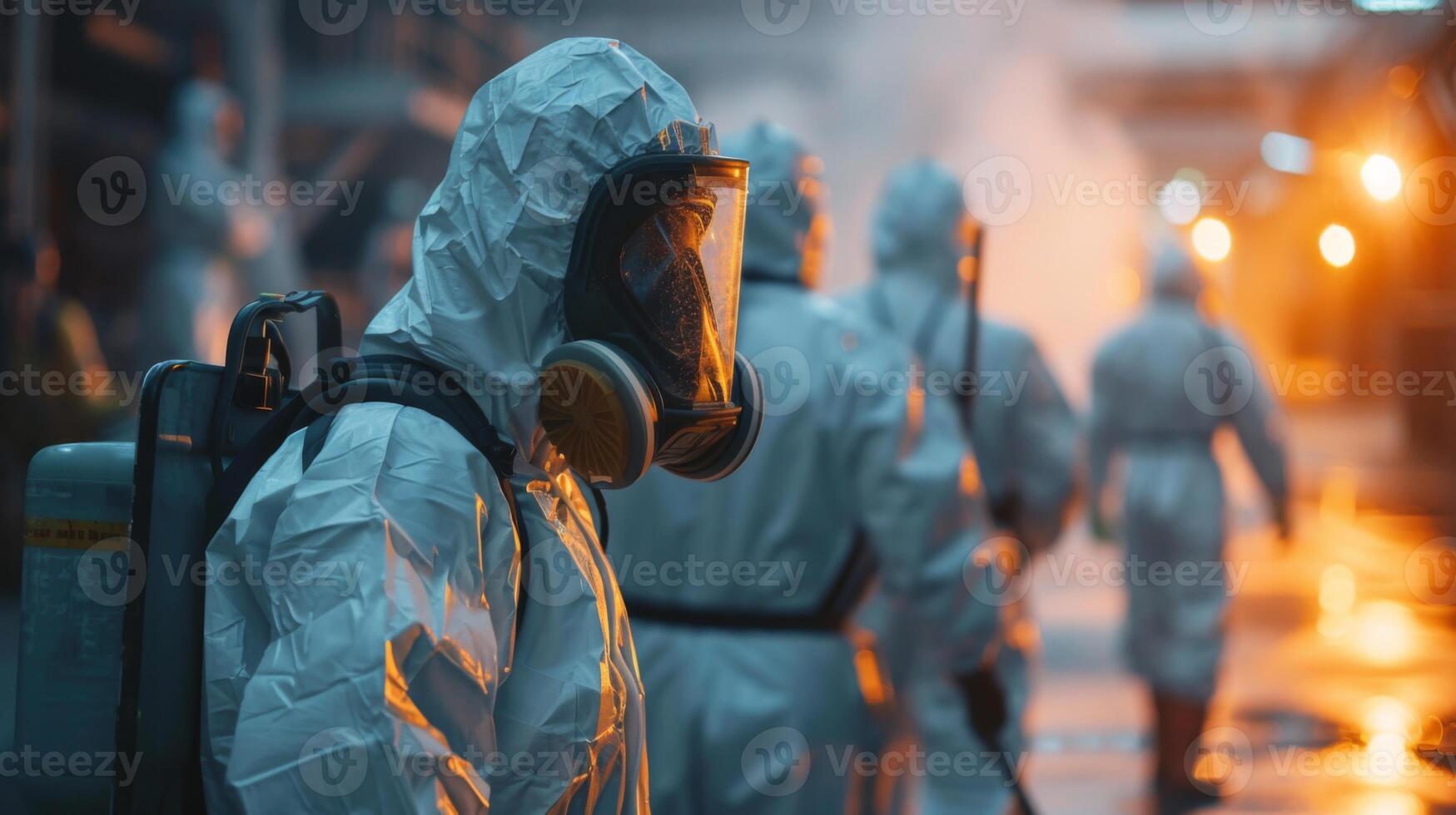 Workers in white protective suits with masks and equipment engage in a hazardous materials cleanup effort at a contaminated industrial location at night, surrounded by smoke and dim lighting. photo