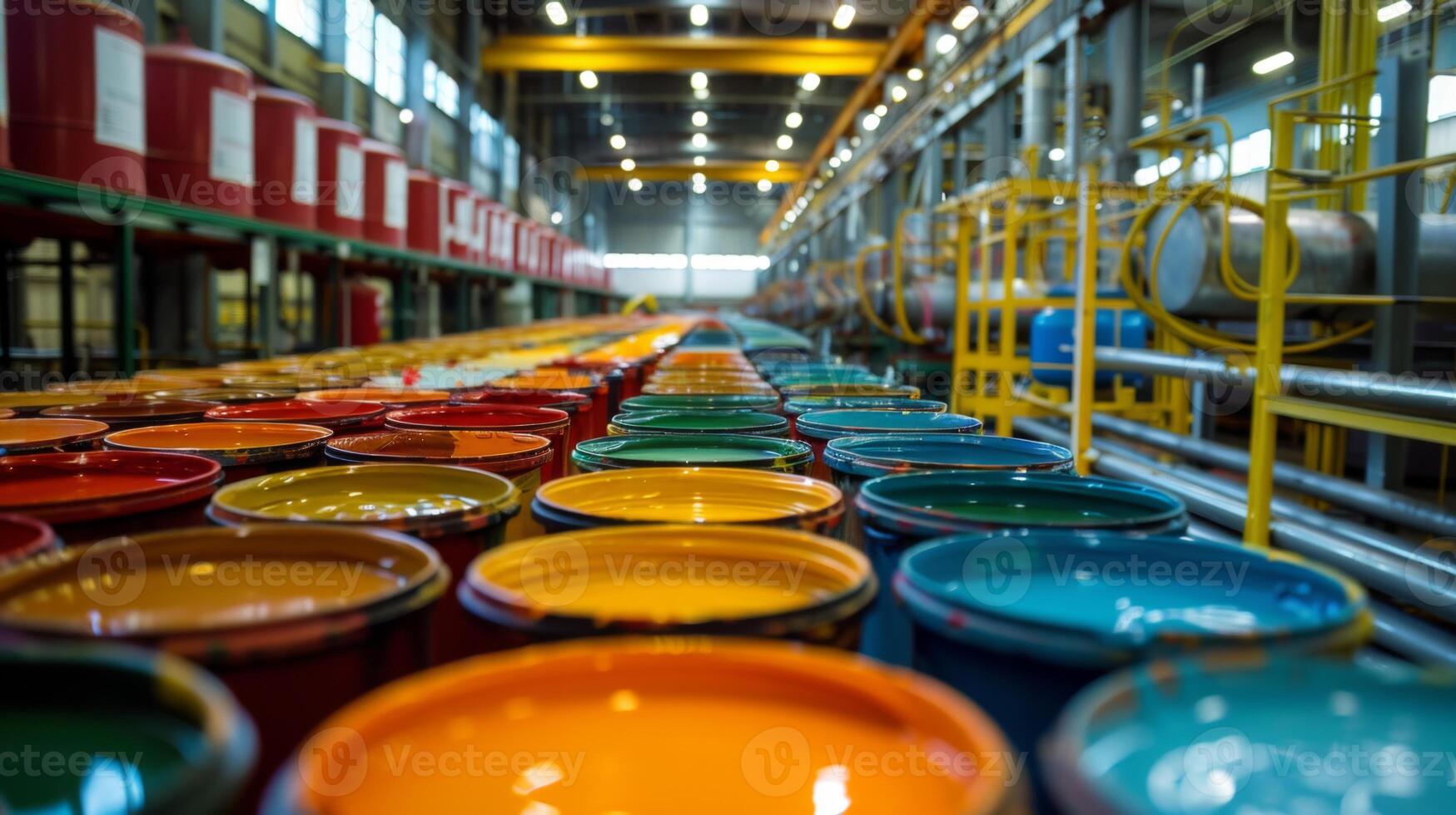Colorful paint cans line the floor of a spacious industrial warehouse, illuminated by natural light filtering through large windows, creating a dynamic atmosphere. photo
